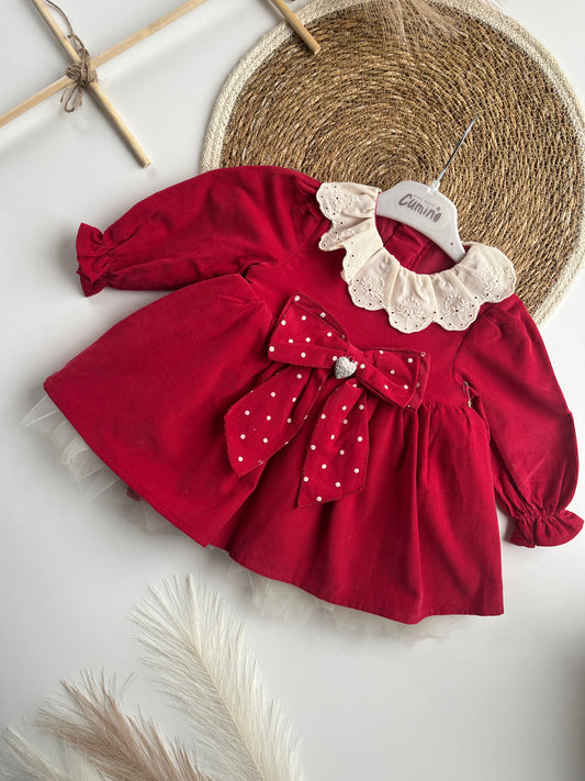 Червена рокля за момиченце с панделка - 100% памук