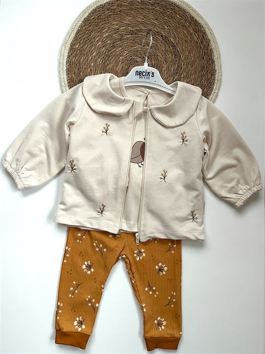 Бебешки комплект за момиче от 3 части – блуза, горнище и панталон с цветя (100% памук)